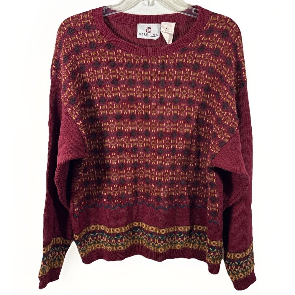 VTG Cape Cod Sportswear Pullover Sweater Mens XL Burgundy Geometric Knit Academi